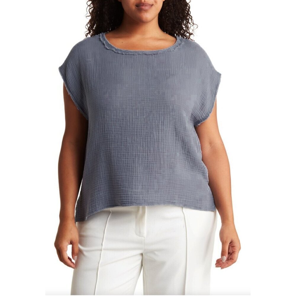 T Tahari Woman Crinkle 100% Cotton Gauze Boxy Raw edges Cap sleeve Grey Size 3XL